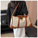 Brown Contrast Color Women's Travel Bag - Canvas & PU Leather Trim Luggage (43x27x19cm) - 45-Degree Angle