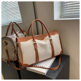 Brown Contrast Color Women's Travel Bag - Canvas & PU Leather Trim Luggage (43x27x19cm) - Rear View