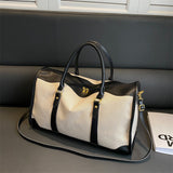 Black Contrast Color Women's Travel Bag - Canvas & PU Leather Trim Luggage (43x27x19cm) - Front View