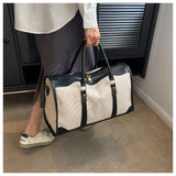 Black Contrast Color Women's Travel Bag - Canvas & PU Leather Trim Luggage (43x27x19cm) - Top-Down View