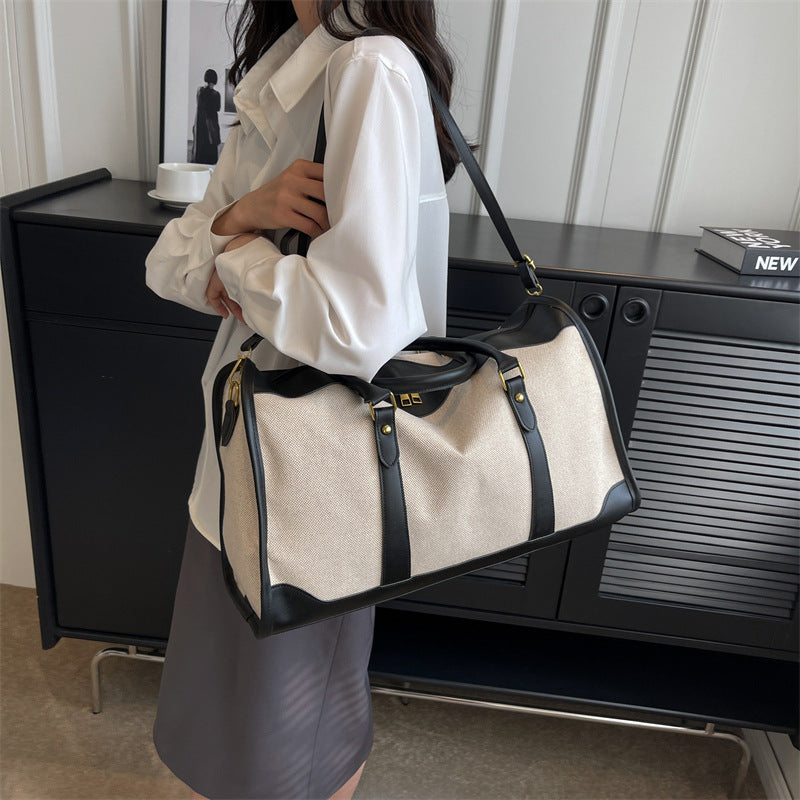 Black Contrast Color Women's Travel Bag - Canvas & PU Leather Trim Luggage (32x21x14cm)