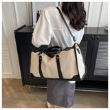 Black Contrast Color Women's Travel Bag - Canvas & PU Leather Trim Luggage (32x21x14cm) - Top-Down View