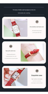 Rose gold shell lotus root plate coffee belt Ladies Quartz Watch - Classic Rectangular, Leather Band - 45-Degree Angle