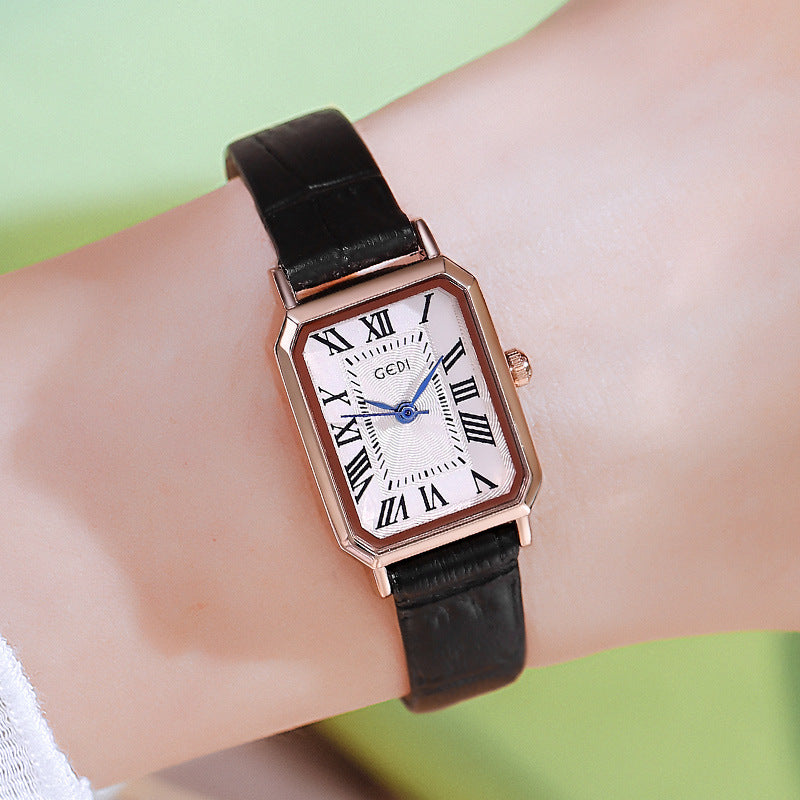 Rose gold case, white dial and black belt Ladies Quartz Watch - Classic Rectangular, Leather Band