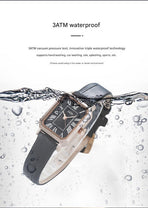 Rose gold case, white dial, grey belt Ladies Quartz Watch - Classic Rectangular, Leather Band