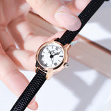 Rose shell white plate black belt Delicate Women's Watch - 20mm Roman Numeral Dial, Leather Strap - Front View