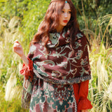 Style 1 Women's Ethnic Faux Cashmere Shawl Wrap - Jacquard Pattern Tassel Scarf (Flowers in full bloom) - Front View