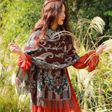 Style 1 Women's Ethnic Faux Cashmere Shawl Wrap - Jacquard Pattern Tassel Scarf (Flowers in full bloom) - Side View