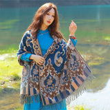 Style 2 Women's Ethnic Faux Cashmere Shawl Wrap - Jacquard Pattern Tassel Scarf (Flowers in full bloom blue) - Front View