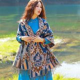 Style 2 Women's Ethnic Faux Cashmere Shawl Wrap - Jacquard Pattern Tassel Scarf (Flowers in full bloom blue) - Side View