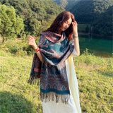 Style 3 Women's Ethnic Faux Cashmere Shawl Wrap - Jacquard Pattern Tassel Scarf (A unique blue) - Front View