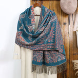 Style 3 Women's Ethnic Faux Cashmere Shawl Wrap - Jacquard Pattern Tassel Scarf (A unique blue) - Side View