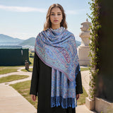 Blue Elegant Retro Paisley Print Scarf for Women - Soft Fashion Shawl Wrap 185x70cm - Front View