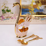 Elegant Swan Base Spoon Holder Set with 6 Coffee/Dessert Spoons(Gold and white spoon) - Front View