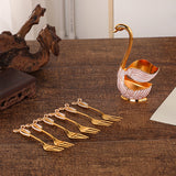 Elegant Swan Base Spoon Holder Set with 6 Coffee/Dessert Spoons(Gold Fork) - Front View