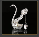 Silver Elegant Swan Cutlery Holder Set with 6 Dessert Spoons - Top-Down View