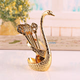 Gold Elegant Swan Cutlery Holder Set with 6 Dessert Spoons - Front View