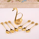 Gold Elegant Swan Cutlery Holder Set with 6 Dessert Spoons - Side View