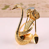 Gold Elegant Swan Cutlery Holder Set with 6 Dessert Spoons - Top-Down View