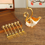 Gold Elegant Double Swan Cutlery Holder Set with 6pcs Fork - Front View