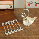 Silver Elegant Double Swan Cutlery Holder Set with 6pcs Spoons - Front View