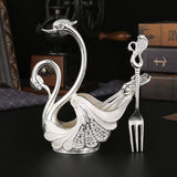 Silver Elegant Double Swan Cutlery Holder Set with 6pcs Fork - Front View