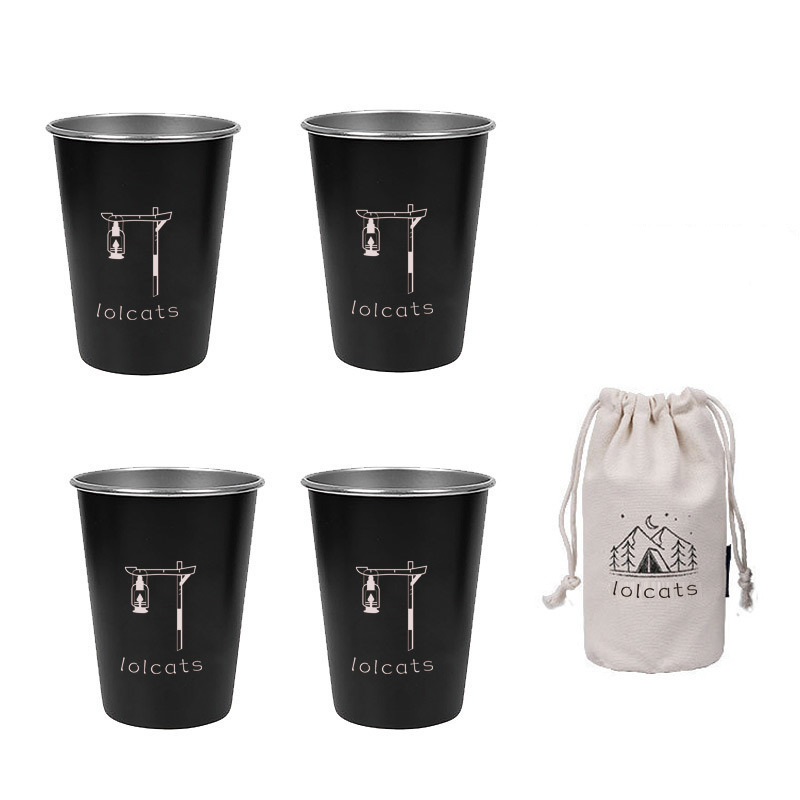 Black 304 Stainless Steel Camping Cup - 350ml Outdoor Drinkware??et of 4 with Bag??V888-ELOSUNG26362