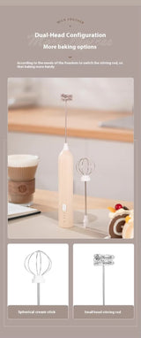 White Mini Hand Mixer with Frother & Balloon Whisk Heads - Rechargeable Kitchen Tool - Top-Down View
