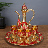 Vintage Palace Style Liquor Serving Set - Metal Pot, 6 Cups & Tray (Golden Red) - Front View