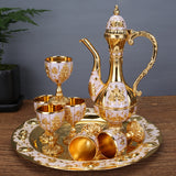 Vintage Palace Style Liquor Serving Set - Metal Pot, 6 Cups & Tray (White Gold) - Front View