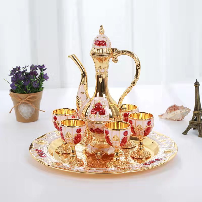 Vintage Palace Style Liquor Serving Set - Metal Pot, 6 Cups & Tray (White gold red rose)
