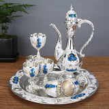 Vintage Palace Style Liquor Serving Set - Metal Pot, 6 Cups & Tray (Silvery blue rose) - Front View
