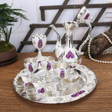 Vintage Palace Style Liquor Serving Set - Metal Pot, 6 Cups & Tray (Silver Purple Rose) - Front View