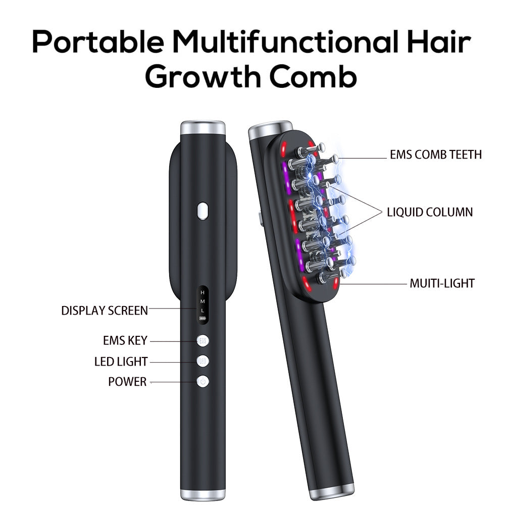 Black Vibrating Scalp Massager Comb - LED Therapy & Oil Infuser for Hair Growth