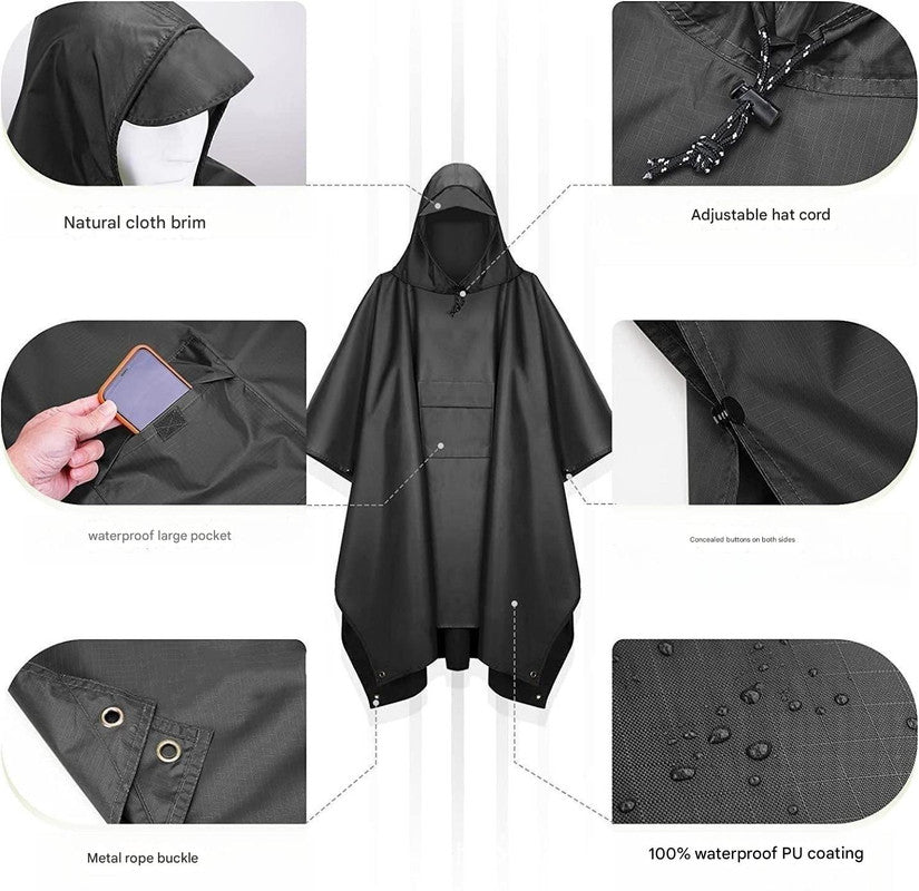 Grey Portable Outdoor Camping Poncho - Can be used as Raincoat, Tarp, Ground Cover