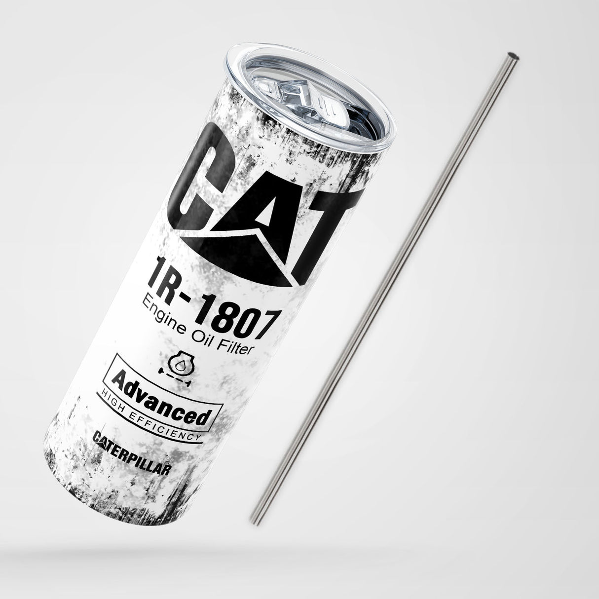 White Skinny Tumbler (591ml) - Fun CAT Oil Filter Replica for Construction Fans