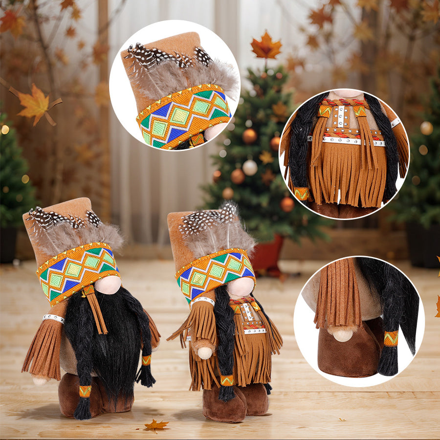 Plush Thanksgiving Dolls - Faceless Figures with Fringe & Braids (Set of 2)