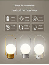 Gold Portable Rechargeable LED Lantern Lamp - Touch Control 3-Color Dimmable Desk Light