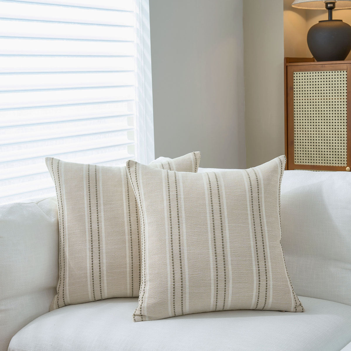 Textured Vertical Striped Pillowcases - Scandinavian Home Decor Accents (Green Stripes Pair - 45x45cm)