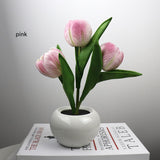 Pink Charging model Artificial Tulip Bouquet LED Light - Ceramic Pot Desk Lamp - Front View