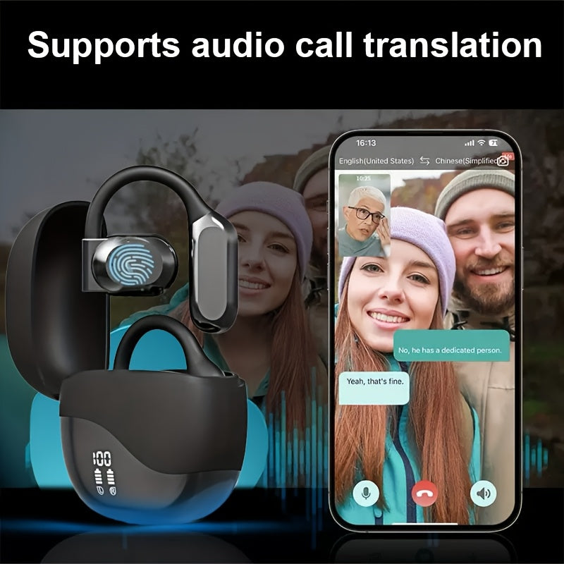 Beige Comfortable Open-Ear Bluetooth Headset - Real-Time Translation, LED Display