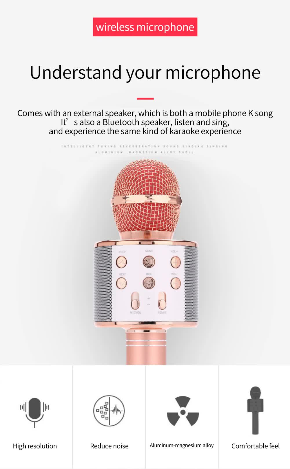 Rose Gold Bluetooth 5.0 Karaoke Microphone for Family Entertainment
