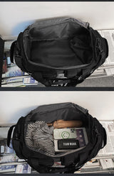 Black Unisex Travel Bag with Utility Buckles and Wet/Dry Compartments - Top-Down View