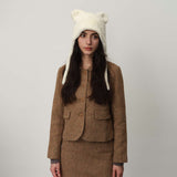 White Fluffy Cat Ear Winter Earflap Hat Women Knitted Warm Cold Weather Cap - Front View