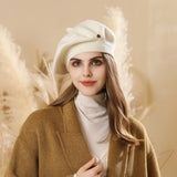 White Vintage Inspired Knitted Beret - Stretchy & Comfortable Wool Blend Cap - Front View