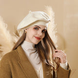 White Vintage Inspired Knitted Beret - Stretchy & Comfortable Wool Blend Cap - Side View