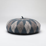 Diamond Colorblock Wool Beret - Stylish Plaid Painter Hat, Warm and Soft - (Blue)