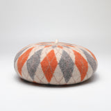 Diamond Colorblock Wool Beret - Stylish Plaid Painter Hat, Warm and Soft - (Orange) - Front View