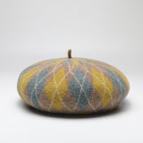 Diamond Colorblock Wool Beret - Stylish Plaid Painter Hat, Warm and Soft - (Yellow) - Front View