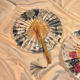 2 PCS Floral Bamboo Folding Hand Fan - Traditional Chinese Style Round Folding Design (Elegant ink flower) - Front View